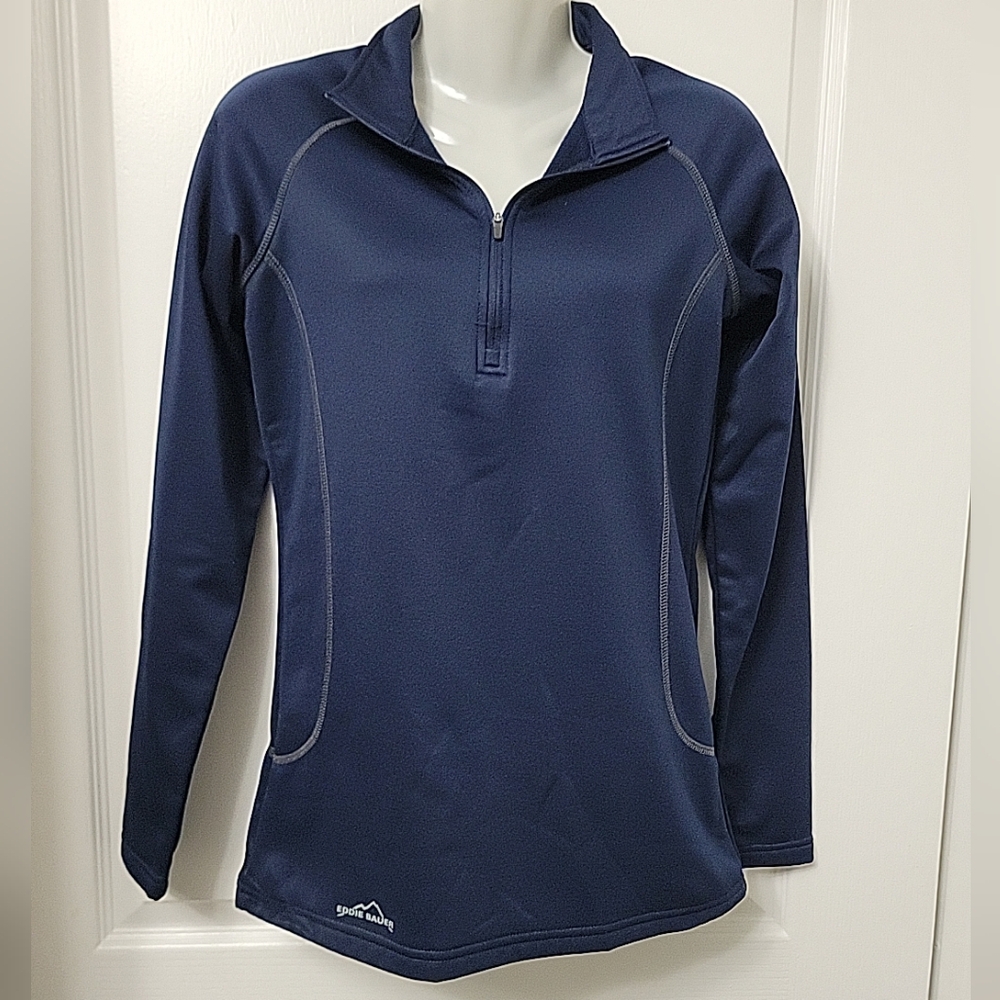 Eddie Bauer Womens Small Navy Blue Pullover Sweatshirt Smooth Fleece Zip EB237